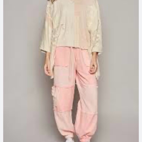 POL Pants - POL Pink color block cotton French terry gauze distressed drawstring joggers NEW